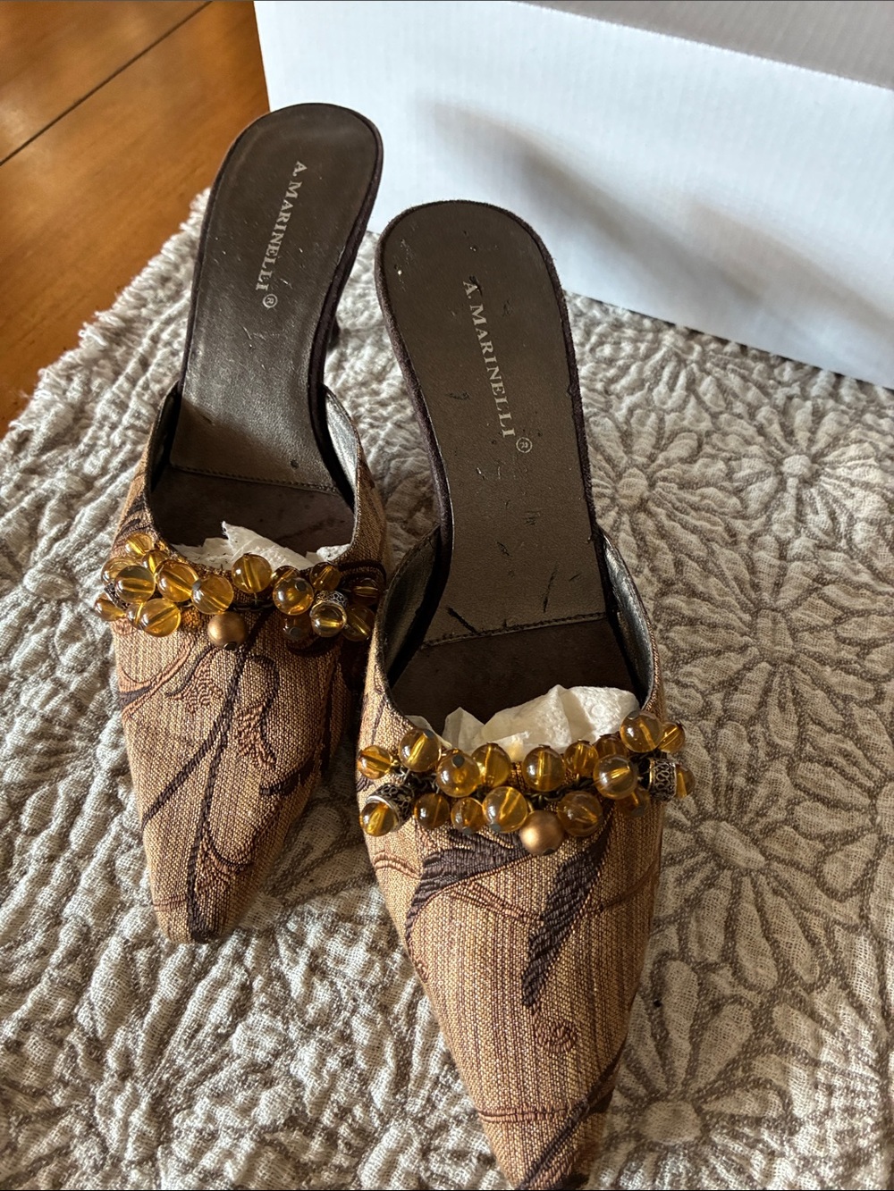 A. Marinelli Brown Pointed-Toe Beaded Mules